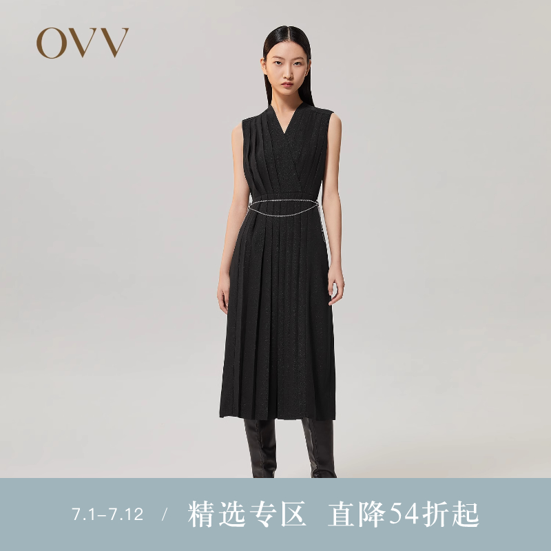 OVVOutlet【日本进口三醋酸】秋冬新女重工百褶小黑裙无袖连