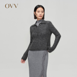 针织衫 POLO领半开襟微透长袖 女马海毛修身 OVVOutlet2023秋冬新款