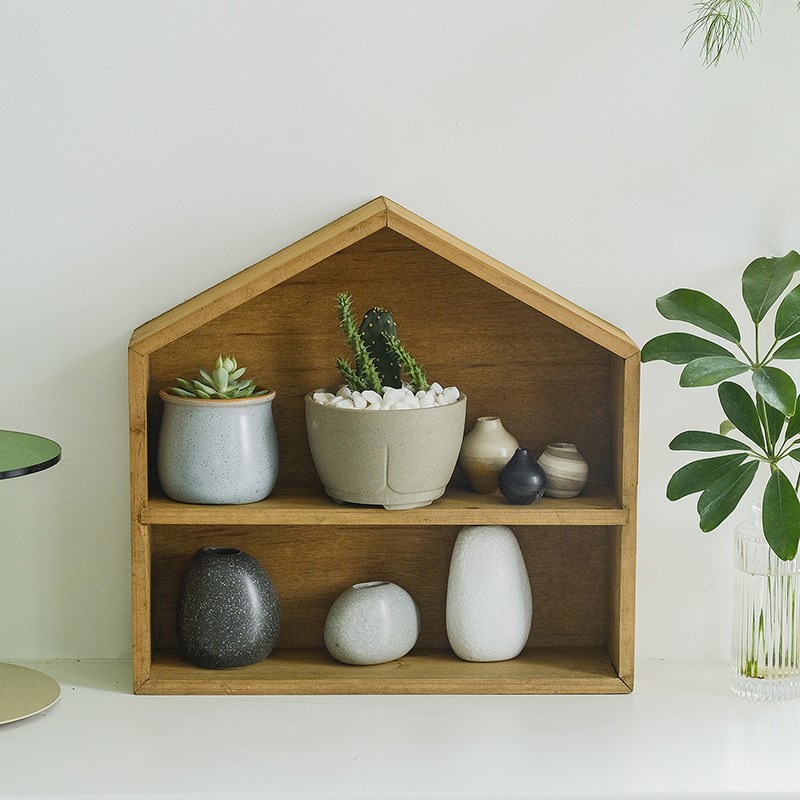 浅咖色木质桌面收纳盒 房子造型收纳架 居家咖啡角置物架复古桌搭