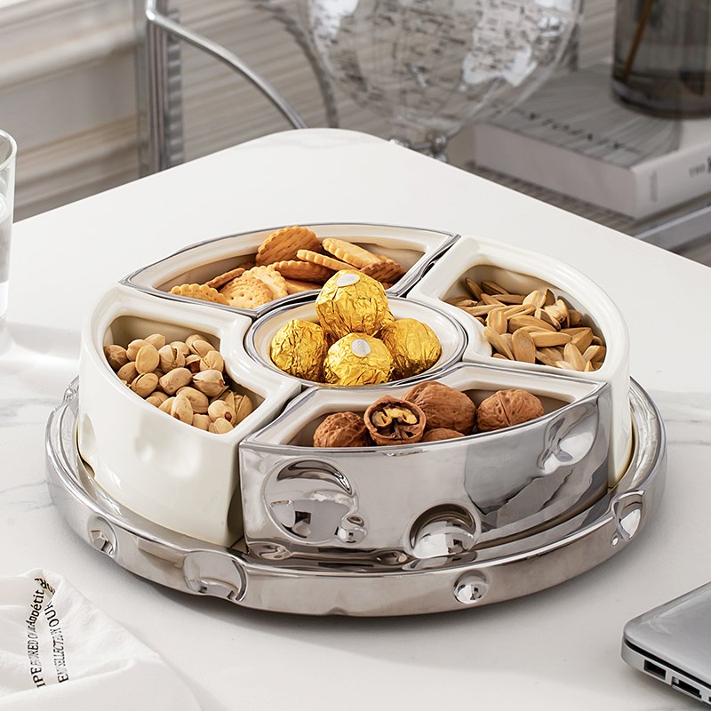 奶油风干果盘收纳盒分o格带盖糖果零食盘陶瓷水果盘轻奢高档高级