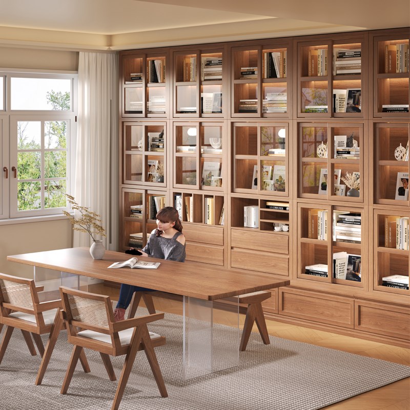 中古风实木书柜大客量储物书架带卡座一体整墙P客厅带玻璃门展示