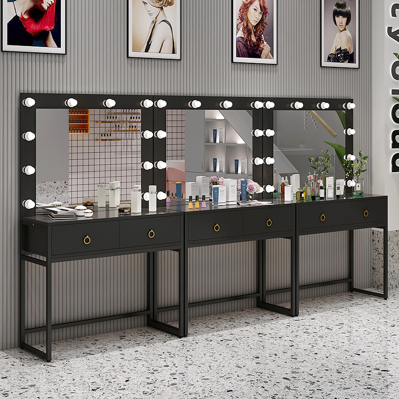 网红轻奢影楼梳妆台带灯 培训学校C化妆桌 理发美容院婚纱店化妆