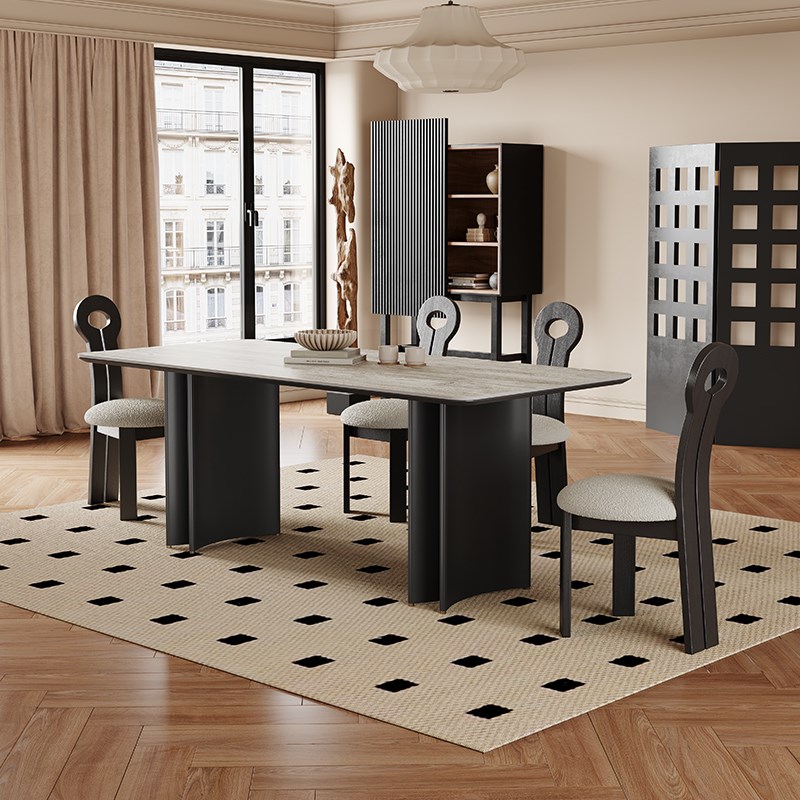 黑色实木c餐桌法式复古风家用小户型现代简约高端长方形岩板餐桌