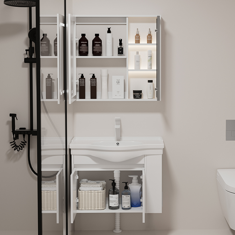 小户型窄边挂墙式m智能实木浴柜组合陶瓷一体洗脸盆化妆室洗漱池