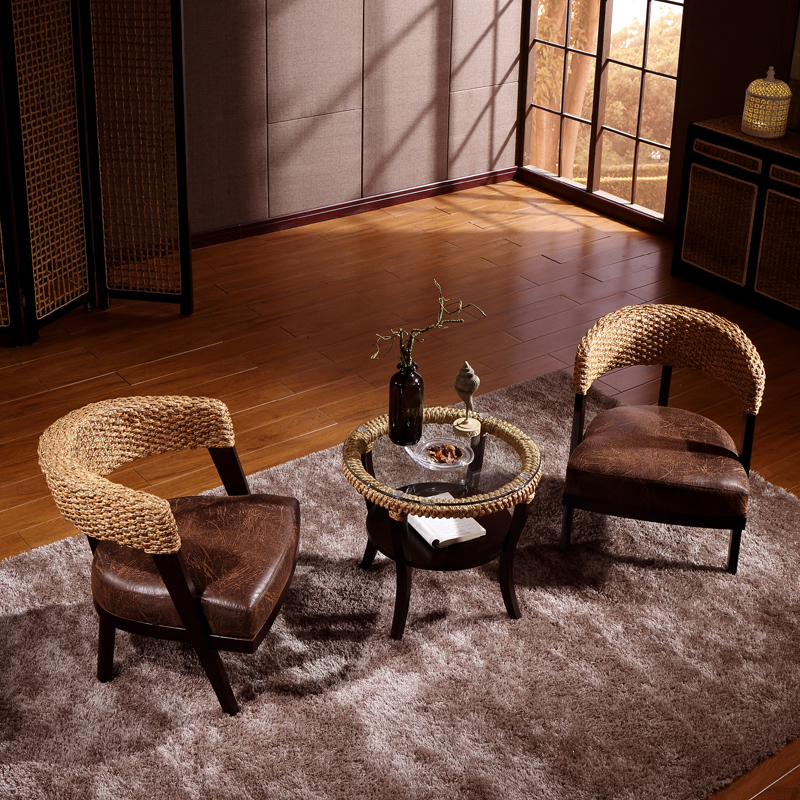 东南亚竹藤编织休闲椅阳台椅三件套实木结L构户外桌椅藤椅沙发组