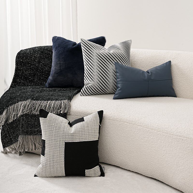 柏洛斯布鲁斯蓝调轻奢风高端酒店样板间客厅沙发抱枕靠垫搭毯组合