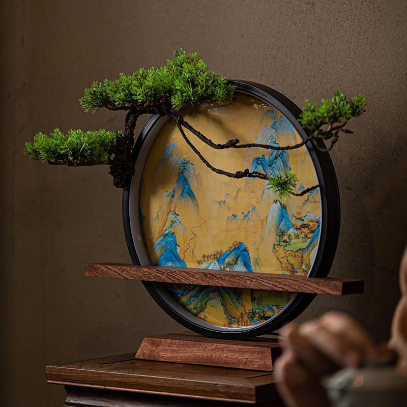 千里江山创意家居新中式摆件鹿酒柜客厅玄关山水图桌面夜灯圈装饰