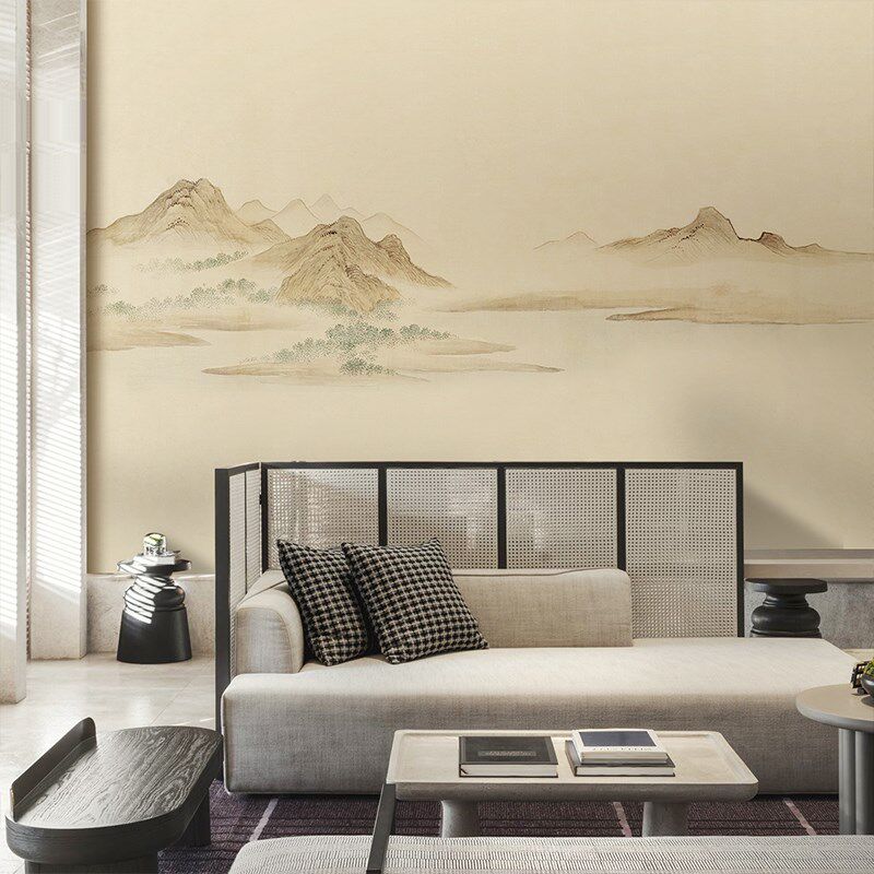 新中式高端刺绣墙布复古壁布客餐厅墙纸电视背景墙装修山水画壁纸