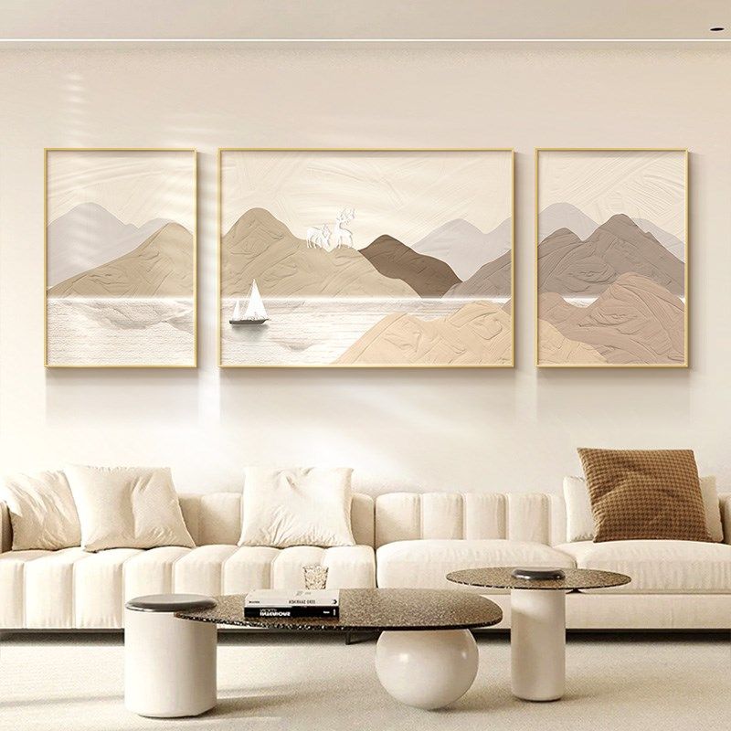 客厅装饰画奶油风山水风景沙发背景墙挂画三联画简约现代新款壁画,家居饰品,现代装饰画,淘宝优惠券,粉丝福利购,淘宝优惠卷