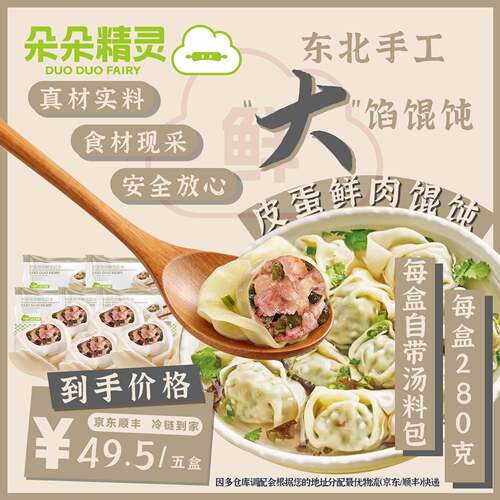 朵朵精灵.朵朵吉祥馄饨云吞抄手 皮蛋鲜肉馄饨5盒*280g 手工大馅