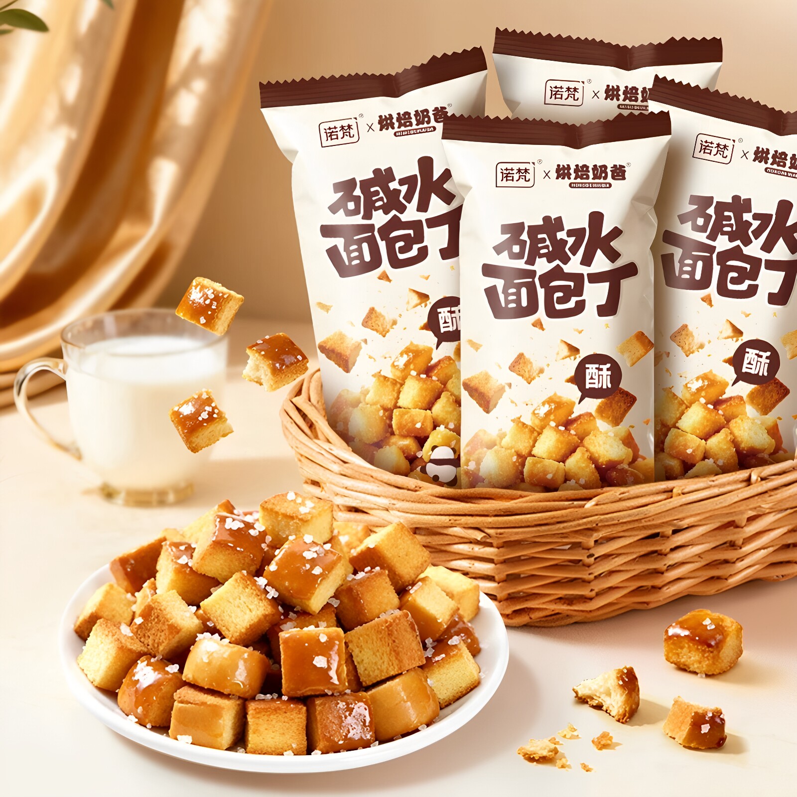 诺梵烘焙碱水面包丁海盐焦糖味馒头干烤馍丁饼干休闲零食凯诺茜