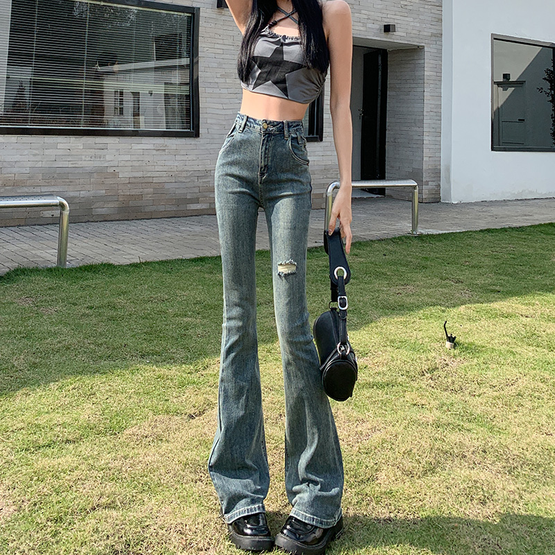 复古弹力破洞微喇叭牛仔裤女2025年夏季新款高腰显瘦百搭时尚裤子