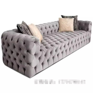 美式轻奢别墅客厅设计师KTV会客高端样板房三人灰色拉扣布艺沙发