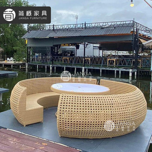 景区网红鸟巢造型藤编沙发室外庭院半圆弧形卡座民宿餐厅打卡座椅