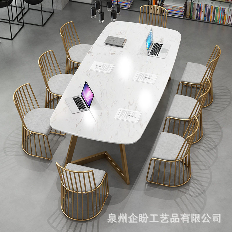 现代简约大理石会议桌 工作室多人洽谈桌椅组合 办公室铁艺电脑桌