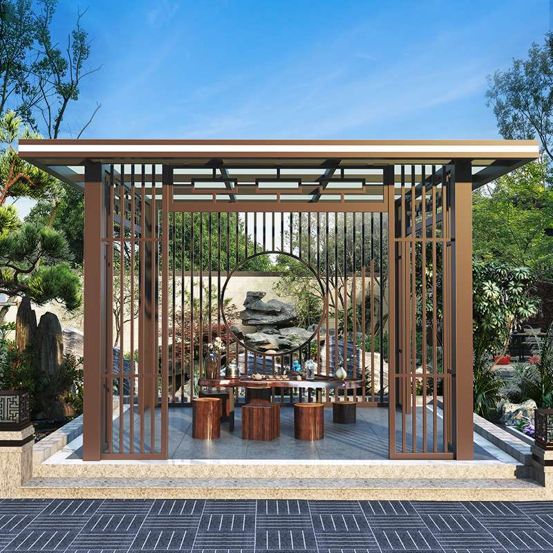铝合金新中式凉亭 户外凉亭现代简约 仿木纹铝制花园观景亭子