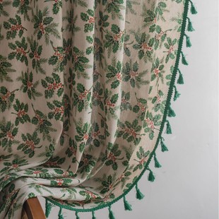 伊缦琪韵窗帘绿色圣诞烫金冬青叶小窗厨房帘半遮光飘窗阳台设计