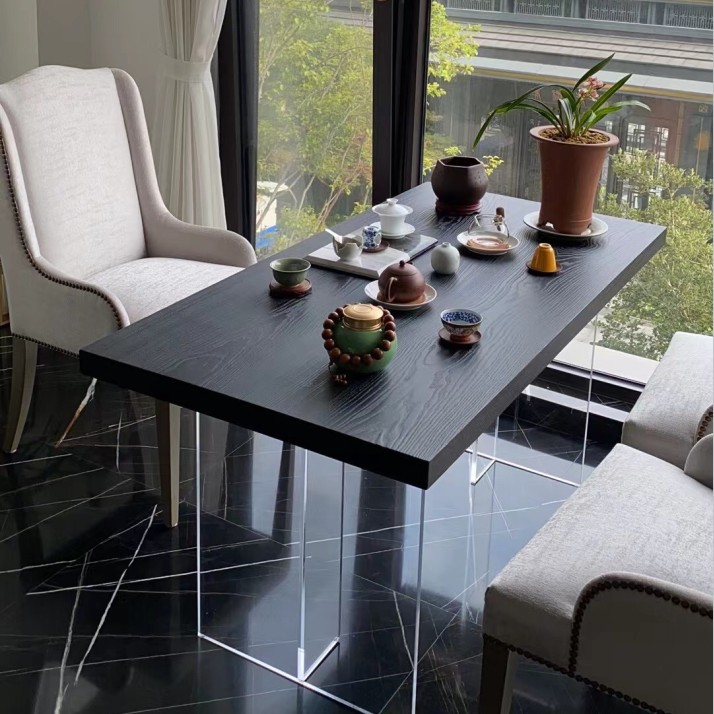 悬浮餐桌实木黑色书桌轻奢亚克力办公桌阳台茶桌茶几创意电脑桌
