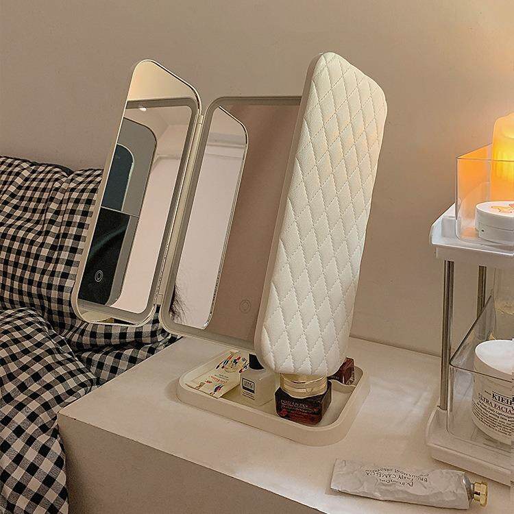 圩派桌面带化妆镜台式贝壳双开门led收纳学生调节镜子化妆灯收纳