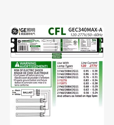 通用电气GE17W25W28w32w40W 120-277V347V480V美标T5T8电子镇流器