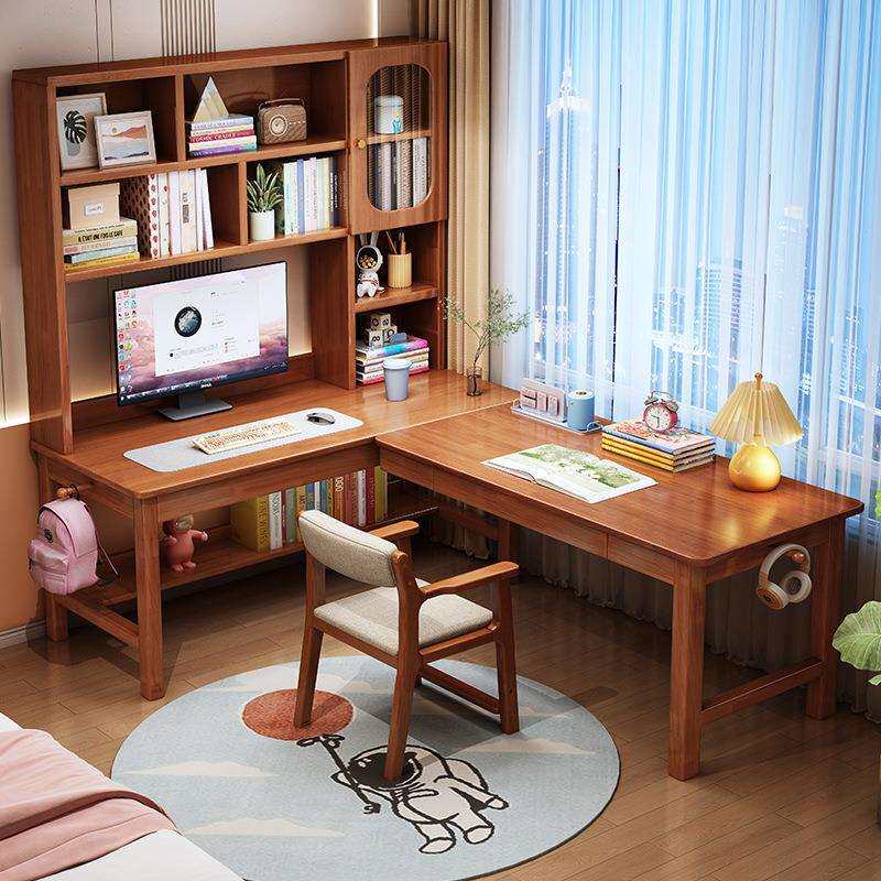 实木卧室转角书桌书柜一体电脑桌家用拐角L型办公桌小户型写字台
