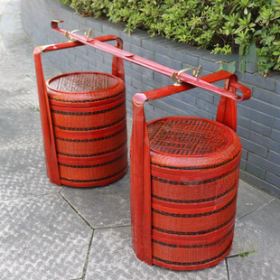 结婚喜庆箩筐采茶篮子结婚定亲西瓜红色生子婚庆扁担一对喜事婚礼