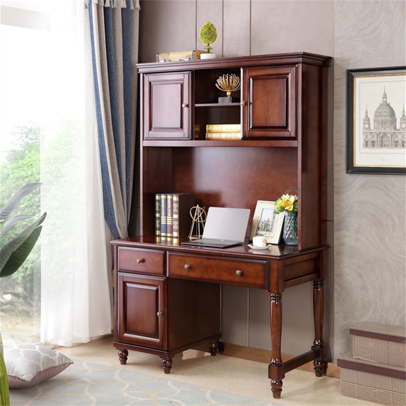 实木书桌书架组合学生家用多功能电脑桌带书柜桌子写字台美式风格