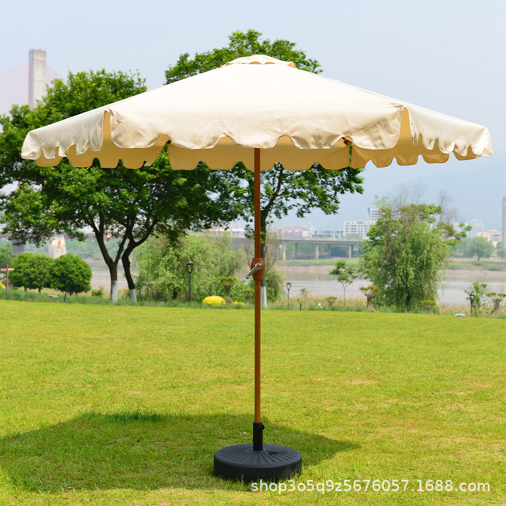 户外遮阳伞庭院花园摇手伞露台摆摊木纹色荷叶边直杆遮阳伞遮阳