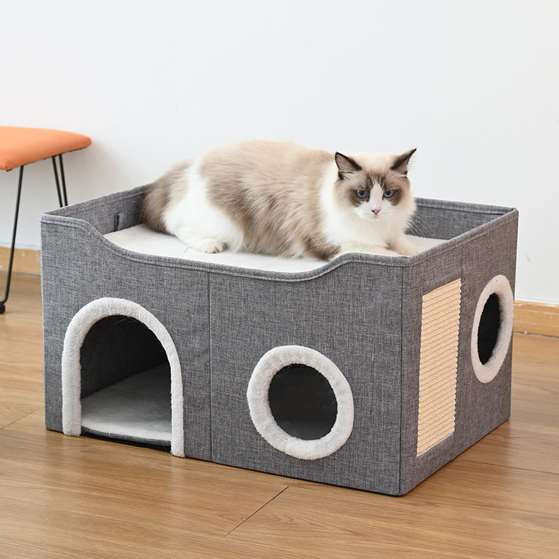 宠物窝四季通用猫窝双层多洞剑麻磨爪宠物用品全封闭式可折叠狗窝