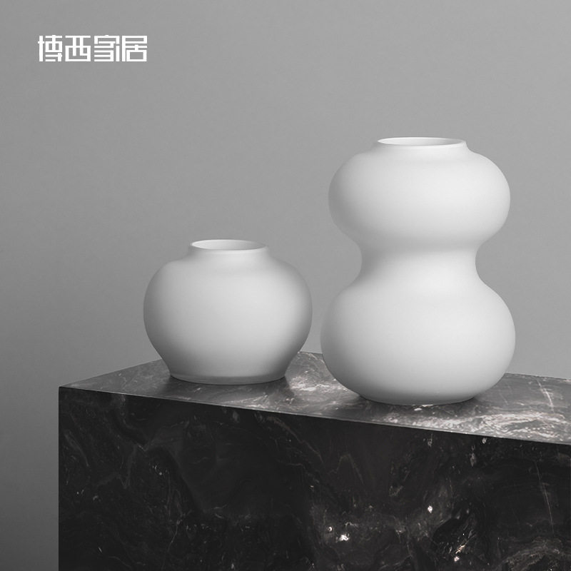 博西家居 简约日式本白色磨砂葫芦形玻璃花瓶摆件家居装饰品花器