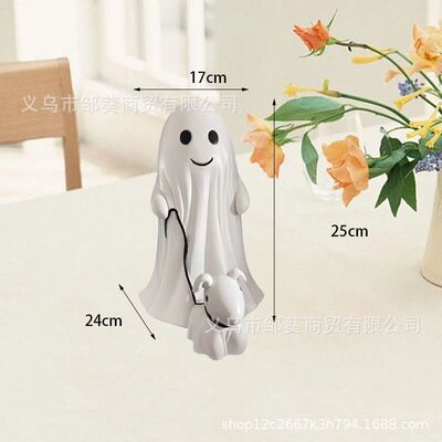 跨境Ghost Walking Dog Statue万圣节小幽灵遛狗摆件创意家居装饰