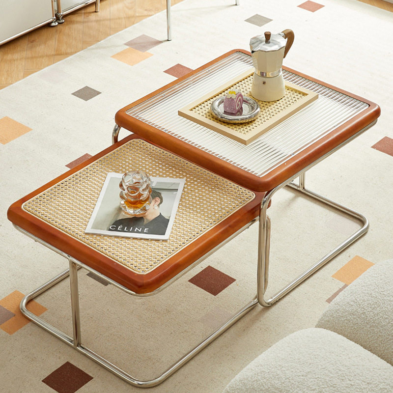 法式简约现代小户型边几客厅方形玻璃黑色桌复古原木家用藤编茶几