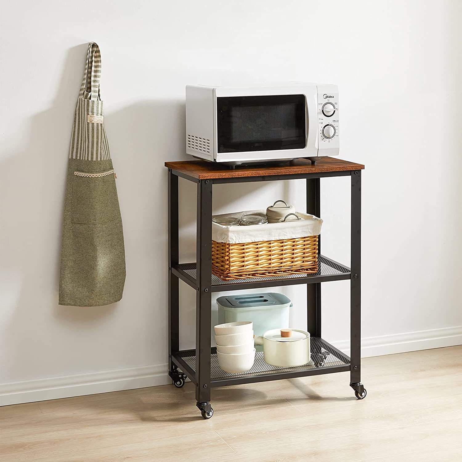 家用厨房带滑轮可移动置物架三层物品储物面包箱菜篮推车烤箱架子