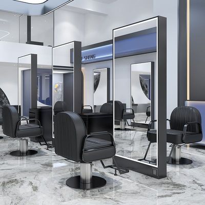 网红理发店镜子美发镜台发廊专用双面落地带灯美发店不锈钢剪发