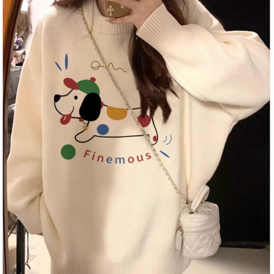 韩系新款软糯奶fufu毛衣女秋冬温柔卡通小狗慵懒风百搭针织上衣MM