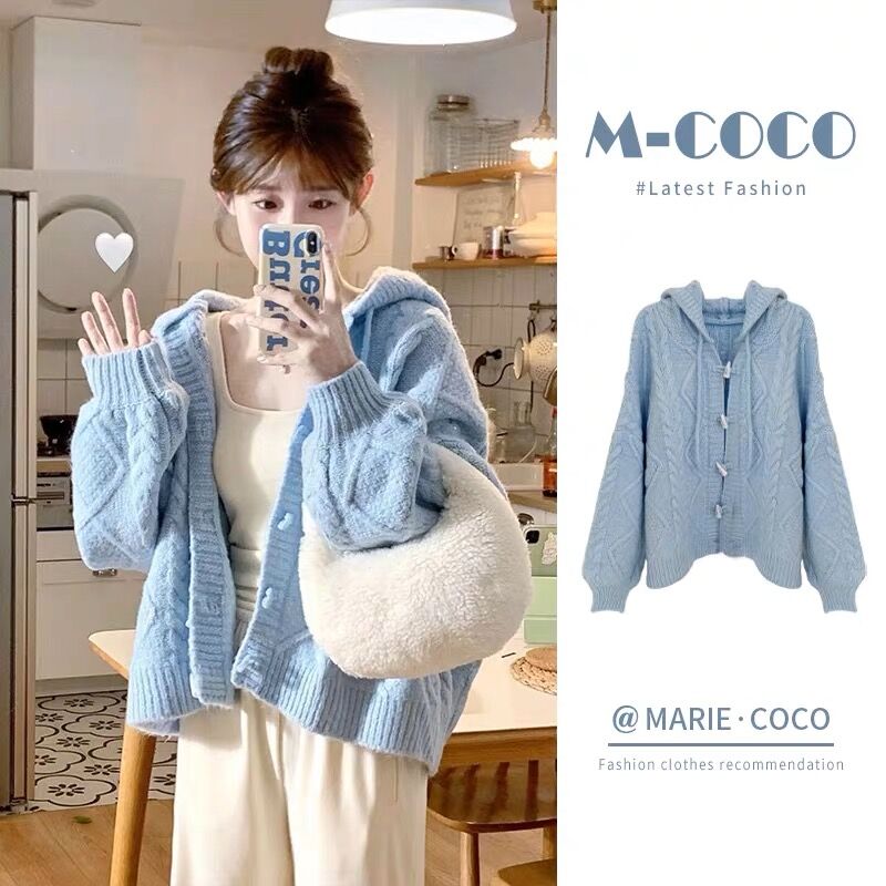 奶fufu温柔风短款连帽毛衣开衫外套女加厚冬季2025新款上衣设计感