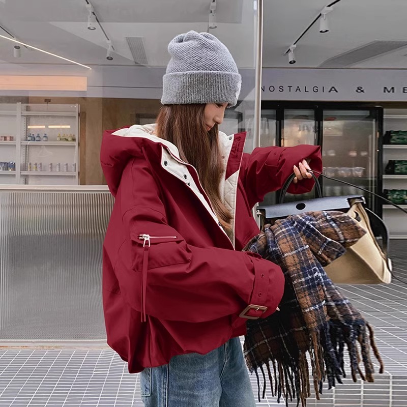 新年红色派克棉服女装冬季大码胖mm宽松高级加厚工装短款棉衣外套