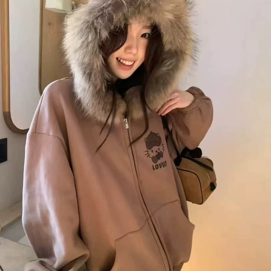 2025新款复古毛领连帽秋冬外套设计慵懒宽松卫衣INS开衫