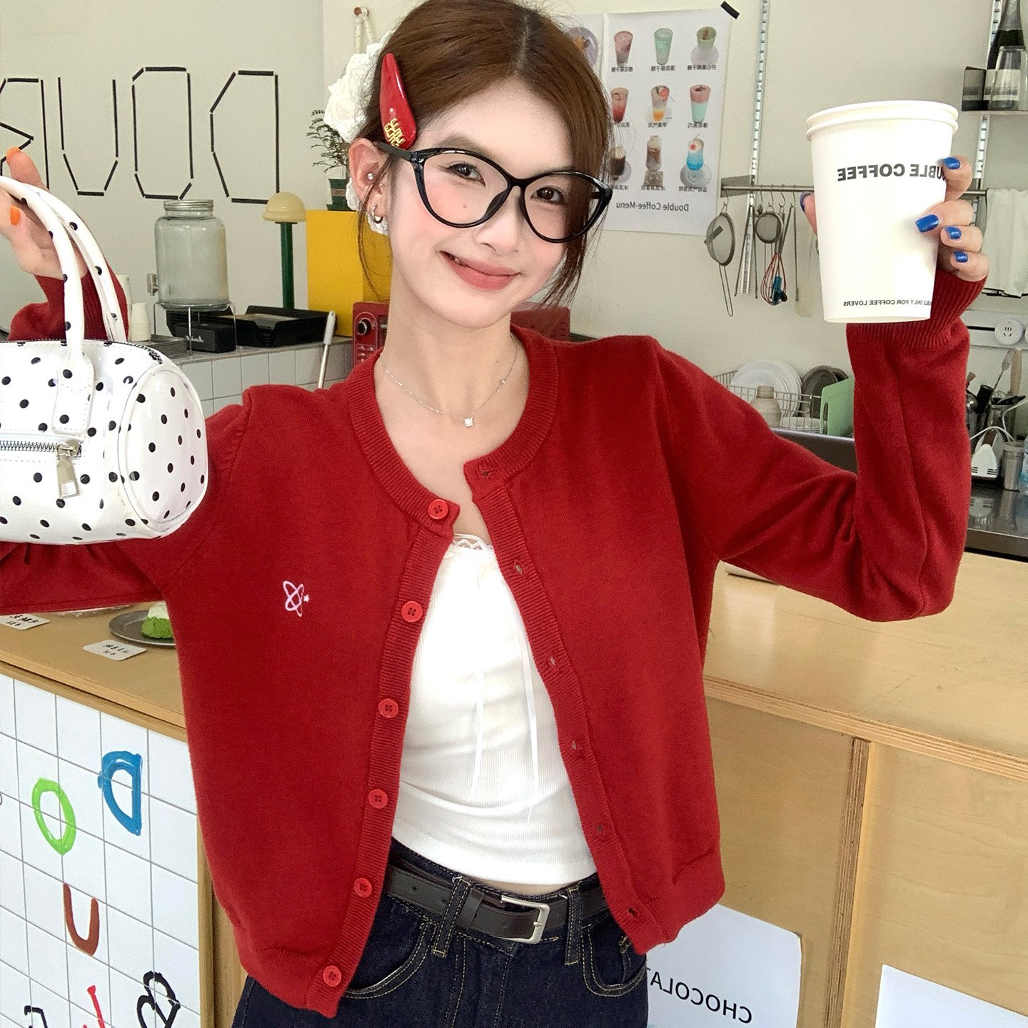 红色开衫女针织外套秋冬新款刺绣短款修身薄款春秋上衣