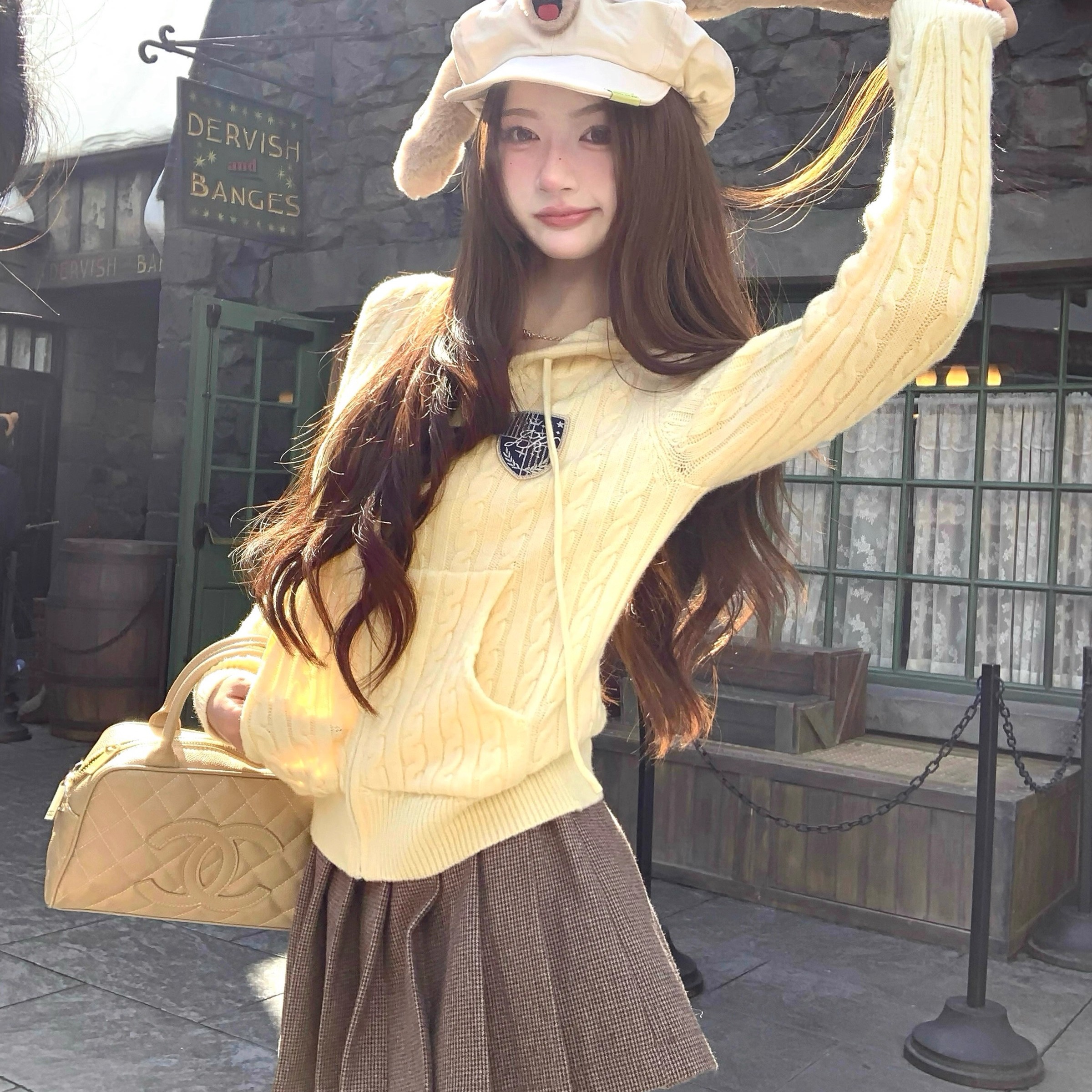 Q女家 黄油奶包/学院风奶黄色上衣秋冬羊毛修身连帽毛衣开衫外套