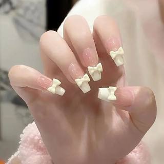 24Pcs/Set Beige Bow Fake Nails Art Long Ballet Nail Fake Fin