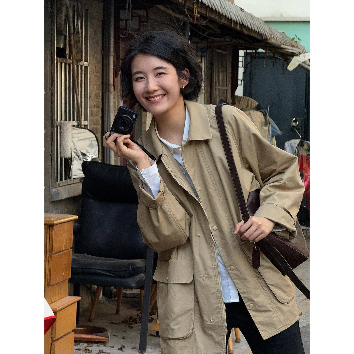 周浪清卡其色短款风衣女2025年新款秋装小个子宽松中长款夹克外套