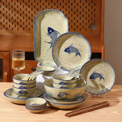 中国风鱼乐碗碟套装家用陶瓷餐具中式盘子碗创意碗具碗盘碗筷组合