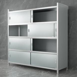 加厚不锈钢厨房置物架落地多层收纳架多功能阳台架子储物柜带柜门