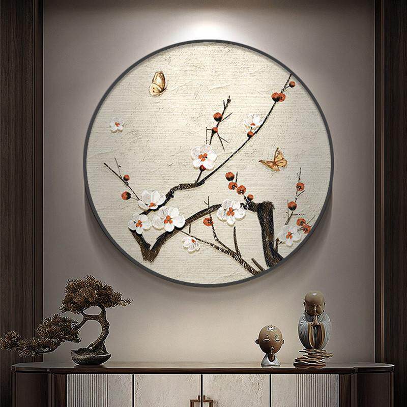 《雪胎梅骨》梅花肌理感手绘油画新中式入户过道迎门画圆形装饰画