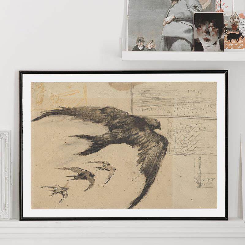 梵高VINCENT VAN燕子黑白素描印象派卧室装饰画画小众复古挂画