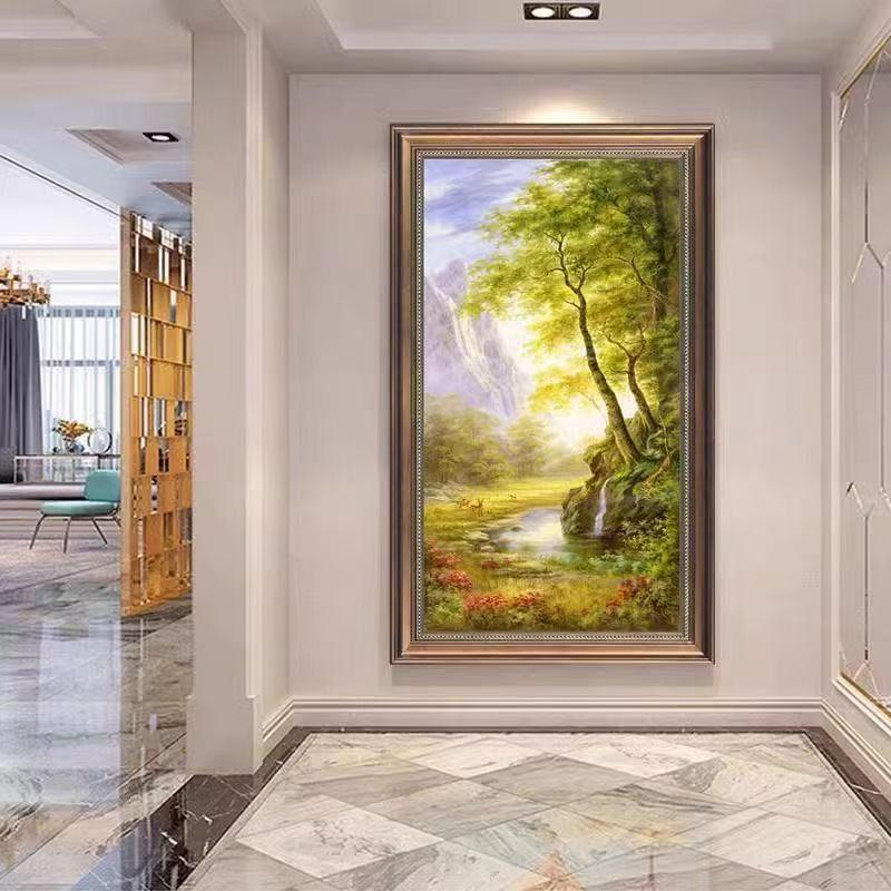 聚宝盆美式入户玄关装饰画竖版客厅走廊风景挂画欧式山水壁画油画
