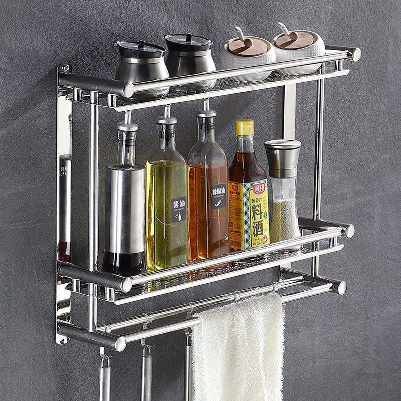 厕所冲凉房卫生间置物架浴室毛巾架免打森生304不锈钢壁挂洗手间