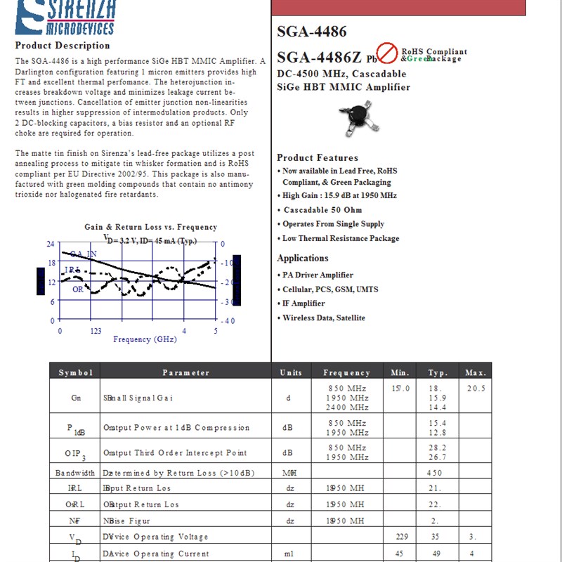 SGA4486Z SOT86十字架 丝印 A44 44Z 射频/微波宽带低功率放大器