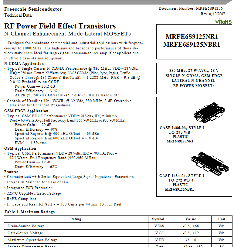 MRFE6S9125N N-CDMA高频 射频功率场效应管 880MHZ 27W
